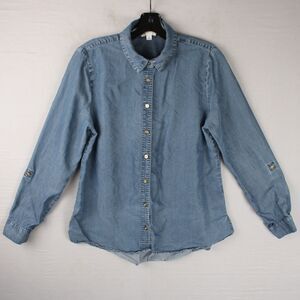 Madison  Grey Chambray Button-Up Shirt Long Sleeve Blue Roll Tab Size Small